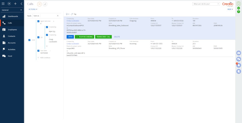 Access to call recordings in the CRM